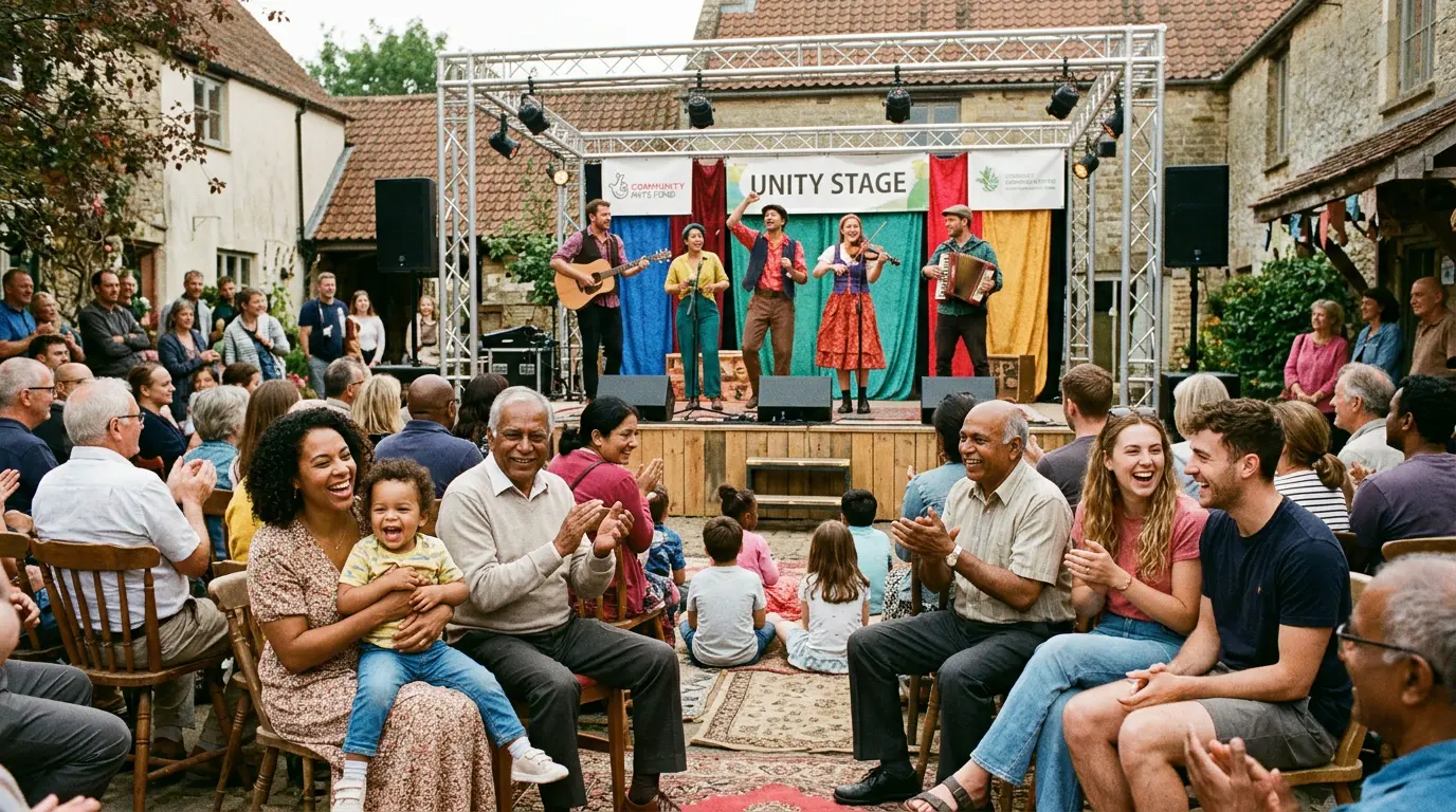 Public rassemblé sur une place de village pour un spectacle vivant
