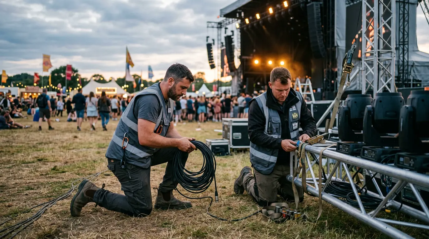 Équipe technique installant des projecteurs à la tombée de la nuit