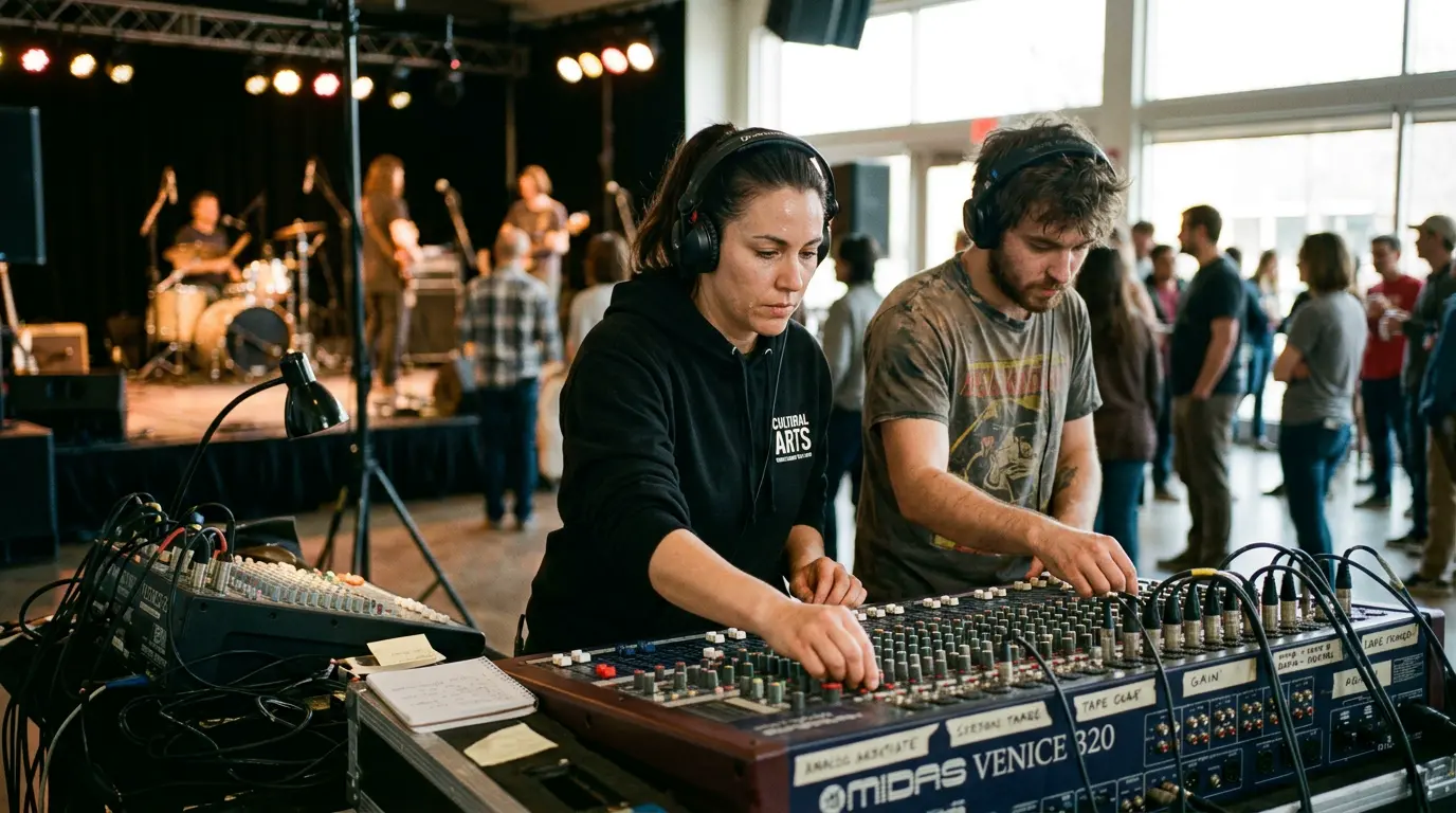Technicien régissant la console son lors d'un concert associatif
