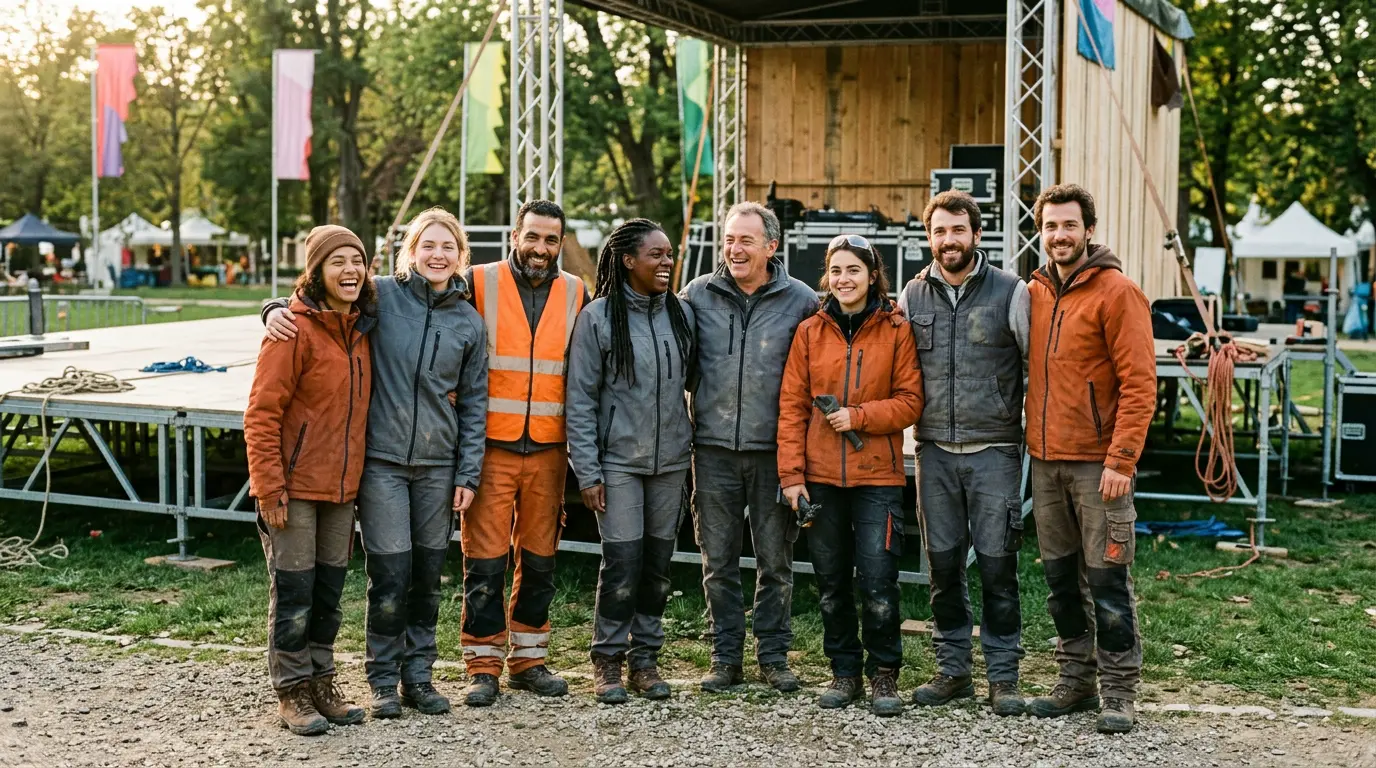 Groupe de bénévoles de Pink Noise rassemblés après le montage d'un plateau scénique